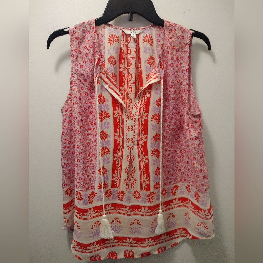 Sleeveless Tassel Tie Floral Blouse in Red and Pink by C&amp;C California